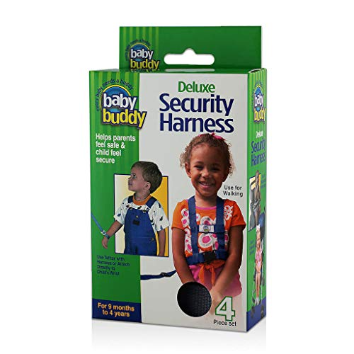 Baby Buddy Deluxe Safety Harness, Secures Babies 9 Months Old Through Toddler 4 Years Old, Keeps Child Safely at Your Side, Attaches to Stroller, Shopping Cart, or Booster Seat, Black, 4 Piece Set