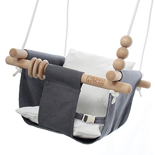 Monkey & Mouse Baby Swing Seat, Secure Canvas and Wooden Hanging Swing Chair for Baby, Infant, Toddler, Kids Toys – Indoor and Temporary Outdoor Hammock for Indoor Playground, Tree Swings or Backyard