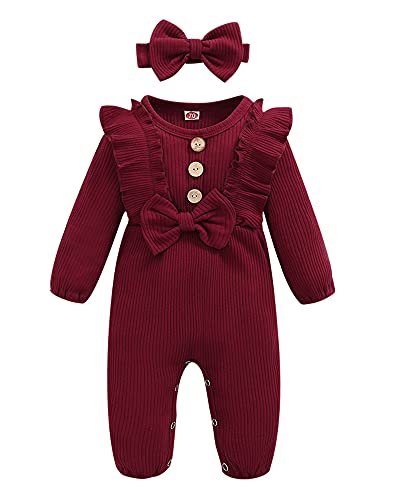 Mioglrie Newborn Baby Girl Clothes Romper Gifts Baby Girl Outfits Cotton Infant Girl Clothes Jumpsuits Maroon Cute Baby Girl Clothes 3-6 Months