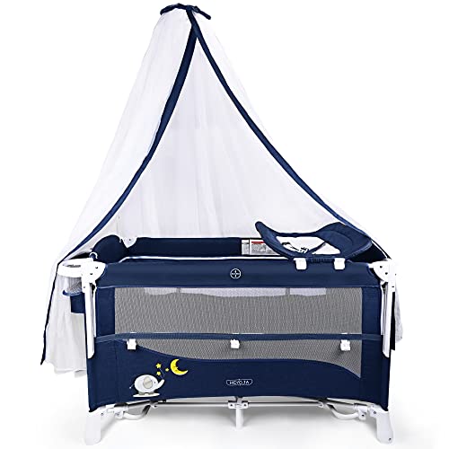 Portable Baby Playard, 4 in 1 Pack and Play, Baby Bedside Sleeper with Bassinet, Changing Table, Foldable Bassinet Bed with Luxury Mosquito Net for Boys Girls Infant Navy