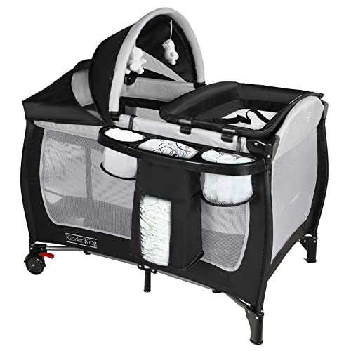 Kinder King 4 in 1 Portable Pack n Play, Baby Nursery Center Playard w/Bassinet, Large Playpen for Infant and Toddler, Newborn Changing Table, Adjustable Canopy, Storage Basket, Travel Bag, Black