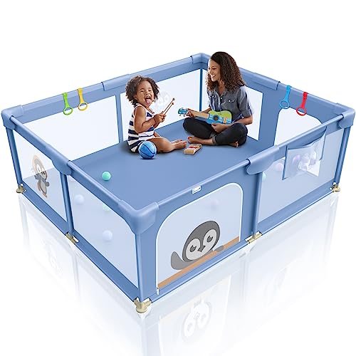 Baby Playpen for Babies and Toddlers Baby Playard with Gate, 71 x 59 inch Extra Large Baby Fence with 4 Pull Rings, Li’l Pengyu Sturdy Safety Kids Play Area for Indoor & Outdoor Activity (Blue)