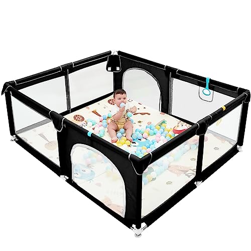 Baby Playpen,71″x59″ Extra Large Baby Playard, Playpen for Babies with Gate, Baby Toys 0-6 to 12 Months Baby Activity Center, Sturdy Safety Playpen with Soft Mesh, Playpen for Toddlers(Black)…