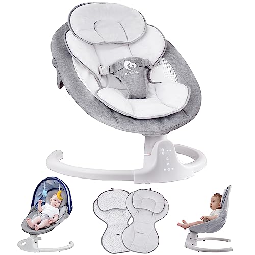 Bluetooth Baby Swing for Infants, Compact & Portable Baby Rocker, 3 Seat Positions, 5 Swing Speed, 10 Lullabies, Remote Control, USB Plug-in Power, Reversible Cushion for All Seasons