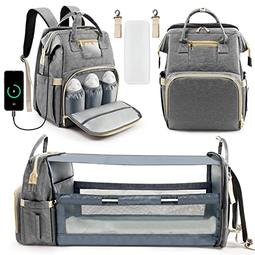 Kompoll Diaper Bag Backpack, Multifunction Waterproof Large Travel Baby Changing Bags Travel Back Pack for Dad/Mom, Baby Stuff Organizer Backpack with Changing Station, Baby Registry Search (Grey)