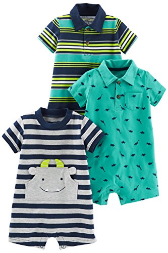 Simple Joys by Carter’s Baby Boys’ Rompers, Pack of 3, Blue Stripe/Green Dinosaur/Navy Stripe, 12 Months