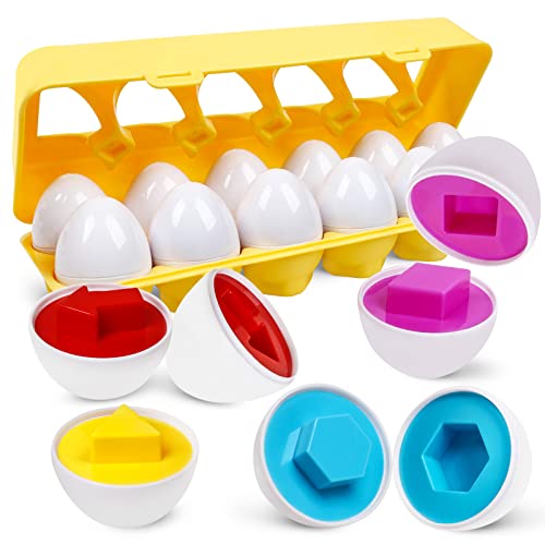 NAODONGLI Matching Eggs for Toddlers, 12 pcs Set Color & Shape Egg Puzzle Toys, Montessori Geometric Eggs,Educational Preschool Game Fine Motor Skill Gifts for1 2 3 Years Old Kids Boys Girls