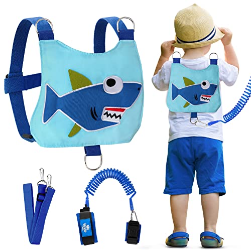 Lehoo Castle Baby Leashes for Toddlers, Toddler Leash for Boys, 4-in-1 Toddler Safety Harness Leash + Anti Lost Wrist Link, Kid Leashes for Walking(Shark Blue)