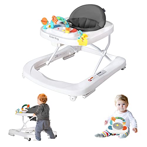 Kinder King Activity Baby Walker, 3 in 1 Folding Learning Walker for Boys Girls, Seated or Push Behind, Infant Activity Center w/Adjustable Height & Speed, Music & Lights Toys, Steering Wheel, Grey