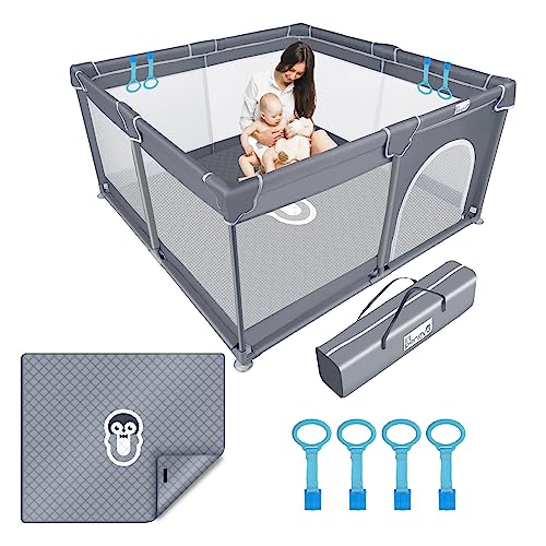 Baby Playpen for Babies and Toddlers with Mat, 50×50 inch Large Baby Playard No Gaps for Indoor & Outdoor, Portable Playpen with Bag, with Playmat, Anti-Slip Base, Li’l Pengyu