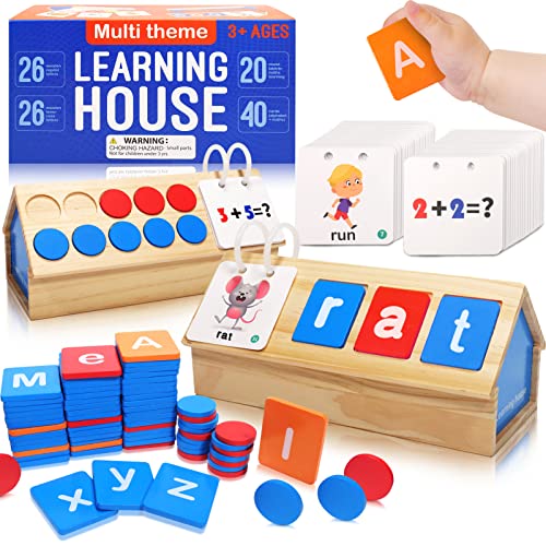 Wooden Educational Toys for Kids 3 4 5 6 Year Old – CVC Sight Word & Number Flash Cards – Alphabet Spelling Games & Montessori Math Counting – Preschool Kindergarten Learning Activities