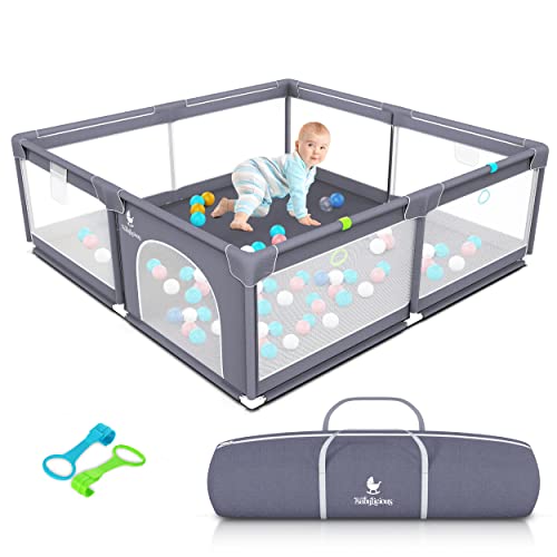 Baby Playpen Mat for Indoor Outdoor Use – Large Play Pen Activity Center for Babies & Toddlers – Durable, Breathable Mesh Foldable Safety Play Yard with Travel Carry Bag – Grey, 50″ by 50″