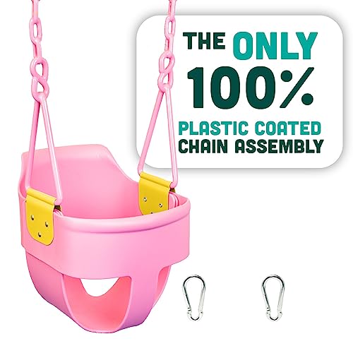 Premium High Back Full Bucket Toddler Swing Seat with Finger Grip, Plastic Coated Chains and Carabiners for Easy Install – Pink – Squirrel Products