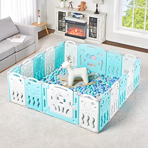 Albott Baby Playpen, Upgraded 18 Panels Foldable Baby Fence with Game Panel and Safety Gate, Adjustable Shape, Portable Baby Play Yards for Children Toddlers Indoors or Outdoors (Blue+White, 18 Panel)