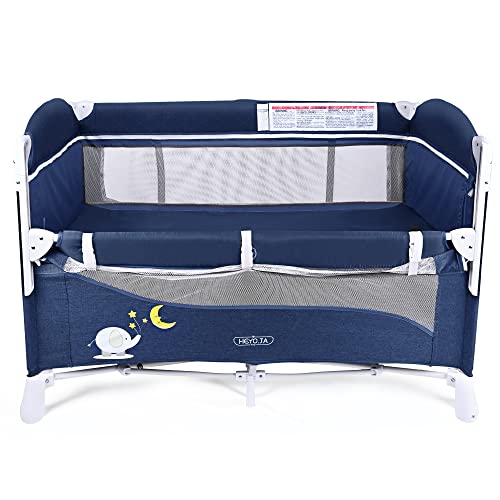 Portable Baby Playard, 4 in 1 Convertible Pack and Play with Bassinet, Nursery Center with Comfortable Mattress, 5 Height Adjustable Bedside Crib Navy