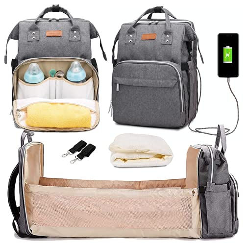 Diaper Bag Backpack with Changing Station, Large Capacity Multifunction Diaper Backpack with Changing Pad, Travel Baby Bag for Moms Dads, Baby Registry Search Shower Gifts Waterproof and Stylish Gray