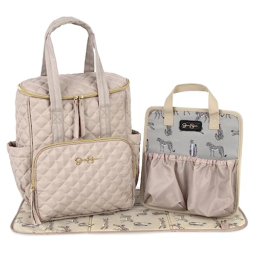 Jessica Simpson Quilted Diaper Bag Backpack with Insulated Pockets, Portable Changing Pad, Stroller Straps, Organizer Insert 2 Pc. Set