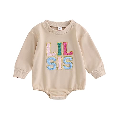 Twopumpkin Newborn Baby Toddler Girl Crewneck Sweatshirt/Romper Long Sleeve Sister Matching Outfit Fall Winter Clothes (Lil Sis Romper, 0-3 Months)