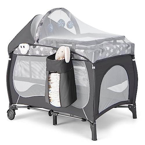 BABY JOY 4 in 1 Pack and Play, Portable Baby Playard with Bassinet, Adjustable Canopy, Changing Table, Lockable Wheels, Music Box, Travel Baby Crib Bassinet from Newborn to Toddler