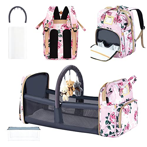 Diaper Bag Backpack-Floral Design Diaper Bag with Changing Station-Waterproof Large Mom Dad Travel Bag with USB Charging Port-Baby Diaper Bags for Baby Boy & Girl with 3 Toys and Toy Hanger