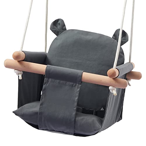 Secure Baby Swing Seat with Safety Belt – Baby Canvas and Wooden Swing Chair with Ear Décor Cushion – Hanging Indoor Swing for Infants & Baby Swing Outdoor – Tree Toddler Swing for Backyard Outside