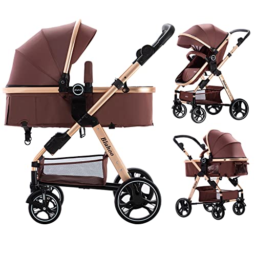 Blahoo Baby Stroller for Toddler .Foldable Aluminum Alloy Pushchair with Adjustable Backrest.Bassinet Stroller Adjustable Direction Coffee