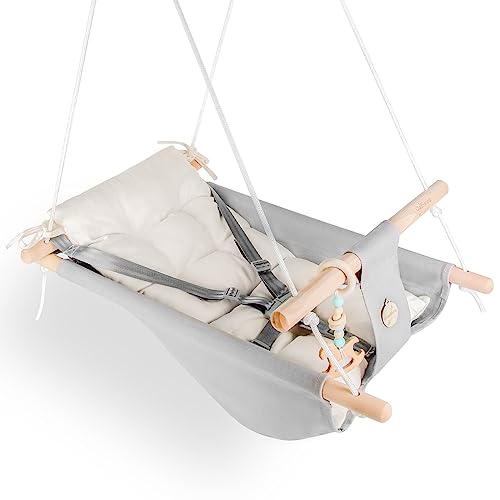 Baby Swing Indoor and Outdoor, Canvas Hammock Swing for Baby to Toddler with a Comfortable Seat, Macaroon Wooden Toy, Adjustable 5-Point Harness,3 Modes,Gift for Baby Boys Girls, Grey&White