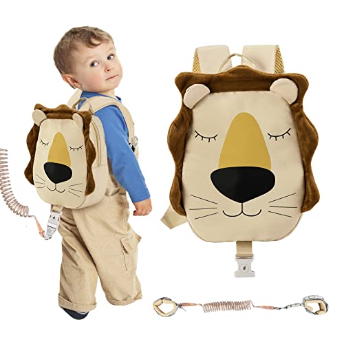 Zooawa Toddler Harness Backpack with Leash, 2 in 1 Cute Lion Kid Backpack with Anti Lost Wrist Link, Toddler Backpack Harness with Safety Leash for 1-4 Years Old Baby Boys Girls