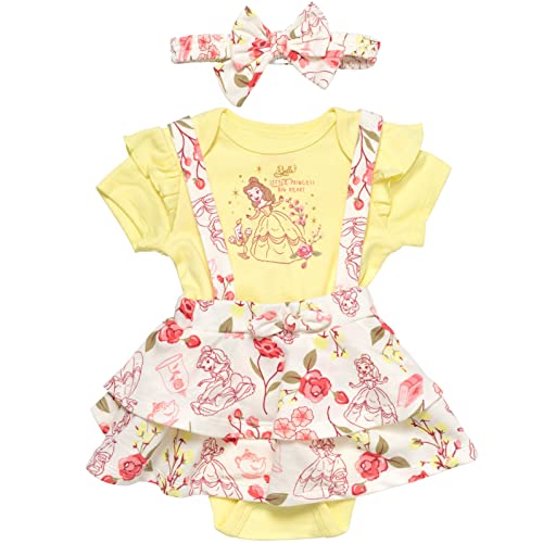 Disney Princess Belle Newborn Baby Girls 3 Piece Outfit Set: Bodysuit French Terry Jumper Headband Yellow 6-9 Months