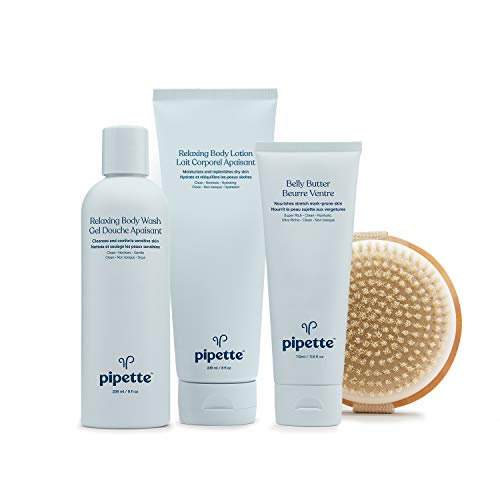 Pipette To Mama Gift Set – 4-Piece Moisturizing Kit with Dry Brush, for Dry Skin, Coconut & Orange Scented