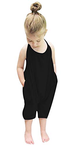 RAISEVERN Baby Girl Jumpsuit Halter Toddler Black Romper Summer Sleeveless Strap Plain Pants Newborn Jumpers Beach Hawaiian Overalls Clothes with Pocket 1-2T