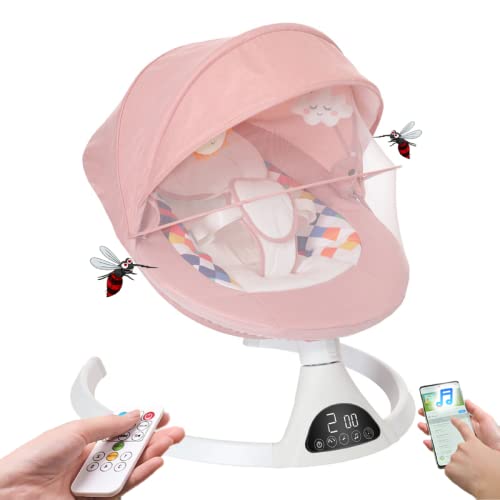 Addweet Baby Swings for Infants, Portable Bluetooth Enabled Baby Rocker with 5 Natural Swing Ranges & 10 Preset Sleep Music, Auto-Sensing Start-Stop System, Remote Control Newborn Swing (Pink)