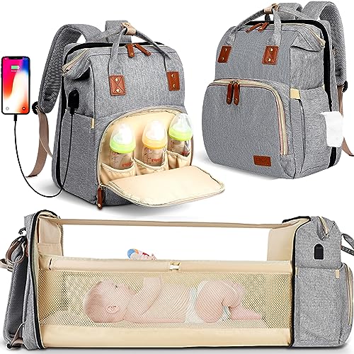 HKZ Diaper Bag Backpack 5 in 1 Baby Diaper Bags for Girls and Boys,Travel Foldable Baby Multifunction Large Capacity Baby with USB Charging Port,Waterproof (Gray)