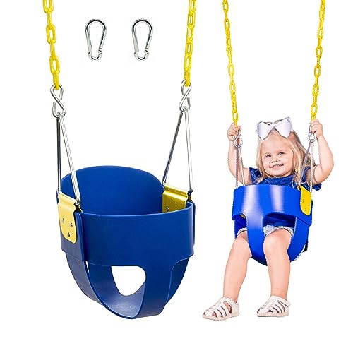 Original High Back Full Bucket Toddler Swing Seat with Plastic Coated Chains and Carabiners for Easy Install – Blue – Squirrel Products