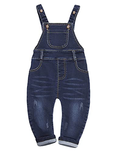 KIDSCOOL SPACE Baby Ripped Jean Overalls,Toddler Soft Denim Jumper Pants,Deep Blue,2-3 Years