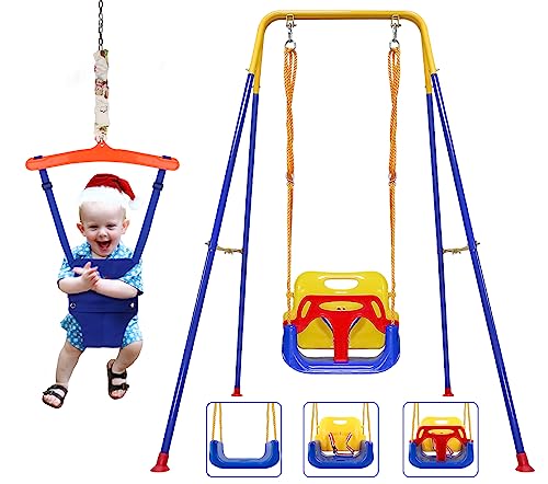 3-in-1 Swing for Todder & Baby Jumper, Sturdy Swing with Bouncers for Outdoor/Indoor Play, Safety Seat and Foldable Metal Swing Stand, Easy to Assemble and Store