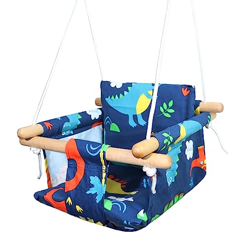 IFOYO Canvas Baby Swing, Wooden Hanging Swing Seat Chair with Safety Belt for Toddler Boys Girls, Infant Hammock Swing Chair for Tree and Backyard Outside (Dinosaur)