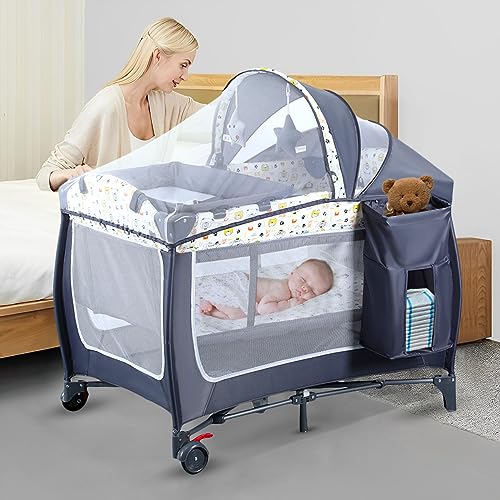 ANNA QUEEN 4 in 1 Pack and Play,Portable Baby Nursery Center Baby Playard with Wheels,Foldable Baby Playpen Travel Crib Diaper Changer with Mattress,Removable Canopy with Toys,Storage Bag (Grey)