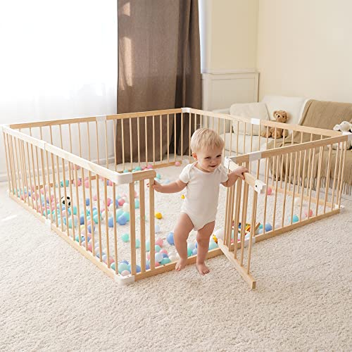 GGF Baby Playpen for Toddler, Wooden Large Baby Playard, Safety Baby Play Fence with Locking Gate, 70.9 * 59.05 * 24inch