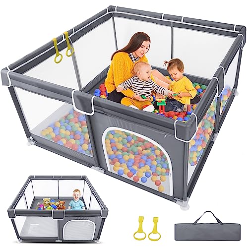 Grobeybees Baby Playpen for Toddler and Babies, Baby Playard, Indoor & Outdoor Kids Activity Center with Anti-Slip Base, Play Yard with Soft Breathable Mesh, Baby Fence Play Area(Grey)