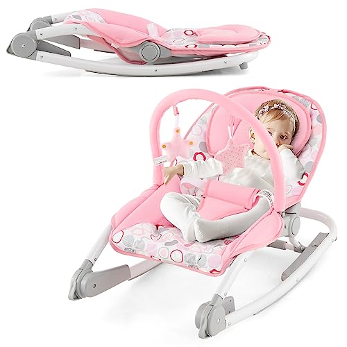 BABY JOY Baby Bouncers for Infants, 2 in 1 Foldable Toddler Bouncy Seat w/Rocker & Stationary Modes, 3-Position Adjustable Backrest, Removable Toy Bar, Portable Bouncer for Babies 0-6 Months (Pink)