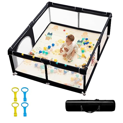 Baby Playpen,71″x59″ Extra Large Baby Playard, Playpen for Babies with Gate, Baby Toys 0-6 to 12 Months Baby Activity Center, Sturdy Safety Playpen with Soft Mesh, Playpen for Toddlers(Black)