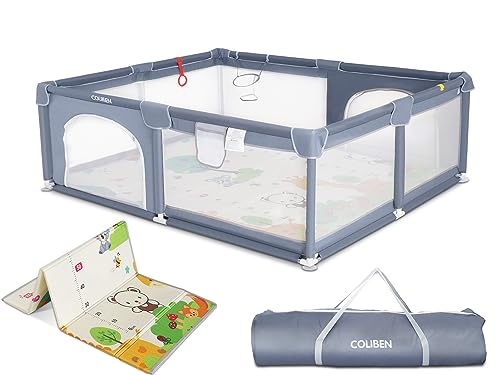 COLIBEN Baby Playpen with Folding Mat, 59″ x 59″ x 26.5″ Playpen for Babies and Toddlers with Zipper Gate Anti-Slip Suckers, Safety Baby Playard Fence Activity Center for Indoor and Outdoor Use