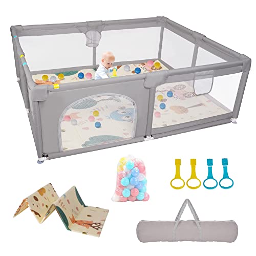 COLOR TREE Baby Playpen with Mat, 71”x59” Extra Large Playpen for Babies and Toddlers, BPA-Free Baby Playard with 50 Ocean Balls, Basket, Anti-Slip Base, Breathable Mesh, Kids Activity Center Gray