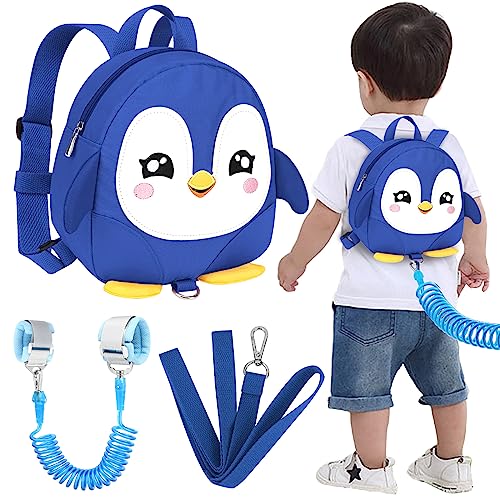 Accmor Toddler Harness Backpack Leash, Cute Penguin Kid Backpacks with Anti Lost Wrist Link, Mini Child Backpack Harness Leashes Walking Wristband Rope Travel Bag Harness Rein for Baby Girls (Blue)