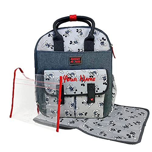 Disney Personalized Diaper Bag Character MICKEY MINNIE and MORE Multi-Pocket Functional Baby Diaper Bag Backpacks (Personalized Mickey Mouse Red and Gray)