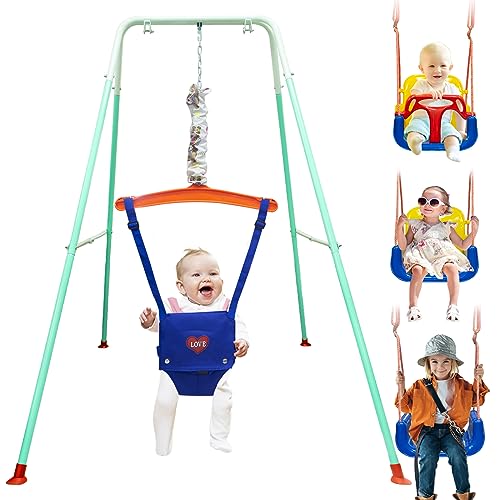 3-in-1 Swing Set for Todder and Baby Jumper, Baby Swing& Bouncer for Outdoor/Indoor, Easy Assembly Kid Swing Set,Foldable Metal Stand for Easy Storage