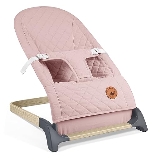 ANGELBLISS Baby Bouncer, Portable Bouncer Seat for Babies, Infants Bouncy Seat with Wood Grain Base, Natural Vibrations (Pink)