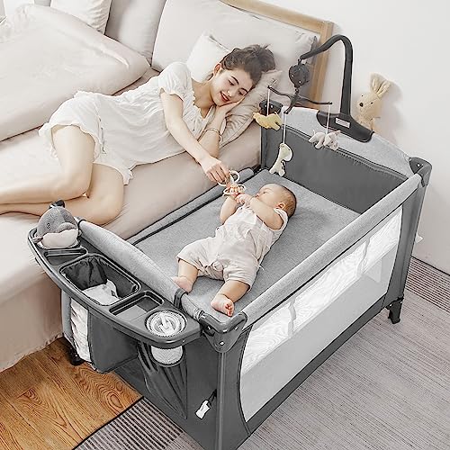 5-in-1 Pack and Play Portable Bassinet for Baby, Baby Bedside Sleeper, Portable Baby Playard for Newborn Toddlers, Playpen Travel Bed with Storage, 4 Adjustable Height, Carry Bag, Easy to Install