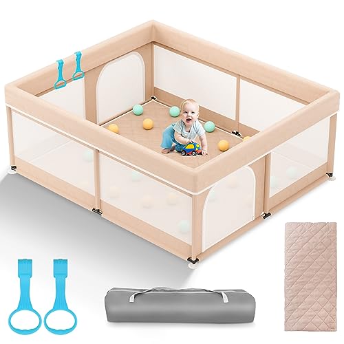 Omzer Baby Playpen with Mat 71″×59″ – Extra Large Playpen for Babies and Toddlers with Mat Included, Safety Playard for Baby with Gate, All-Wrapped Soft Sponge Baby Gate Playpen with Stable Mat Velcro